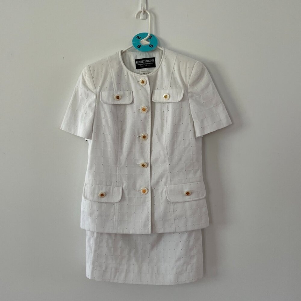 Herbert Grossman Womens 4 Vintage 80s White Poly Suit, Skirt & Jacket
